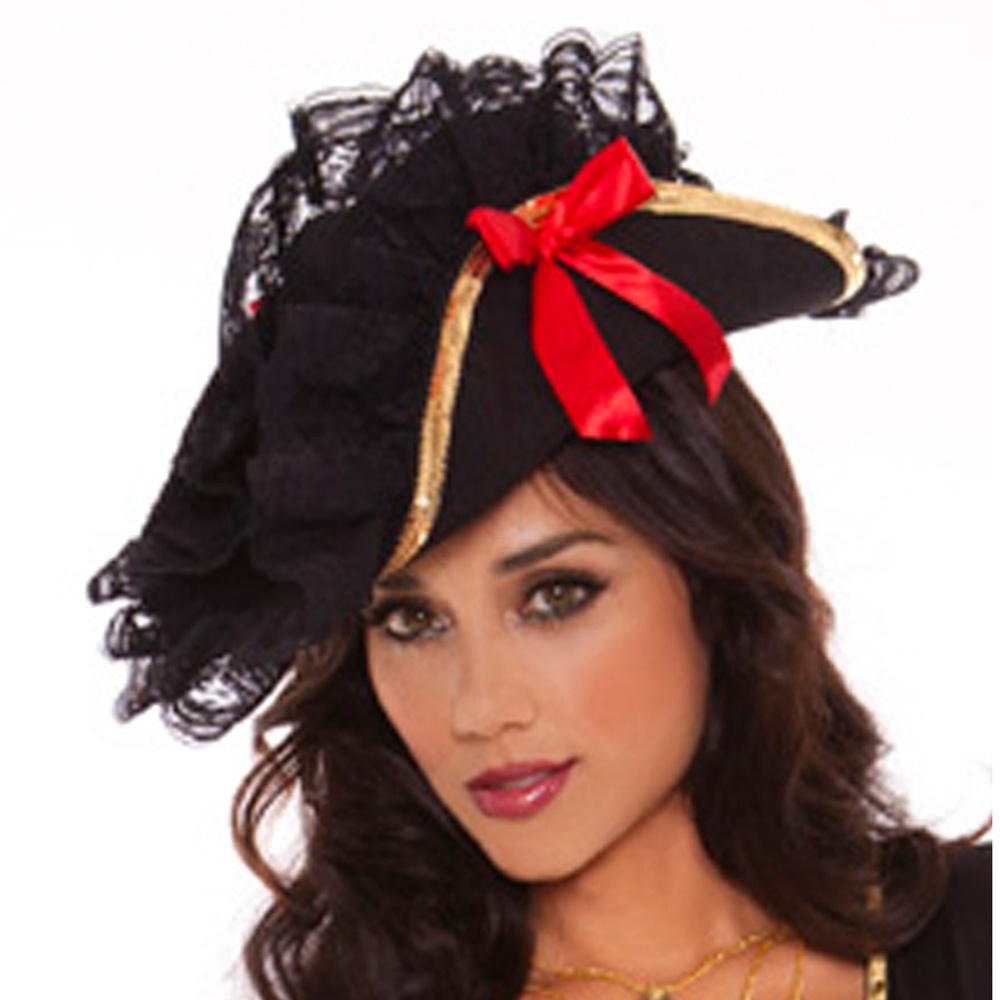 Pirate Hat with Sequin and Lace Trim Feather and Red Bow Details - Picture 2 of 9